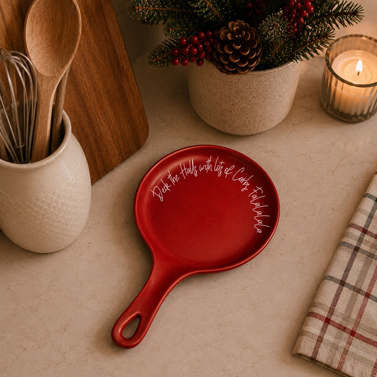 Deck the Halls & Carbs spoon rest, red ceramic kitchen accessory by Gia Roma on Tampa Home & Garden Store