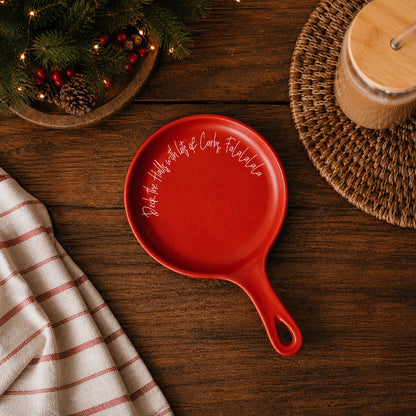 Deck the Halls & Carbs spoon rest by Gia Roma, red ceramic with white script on Tampa Home & Garden Store