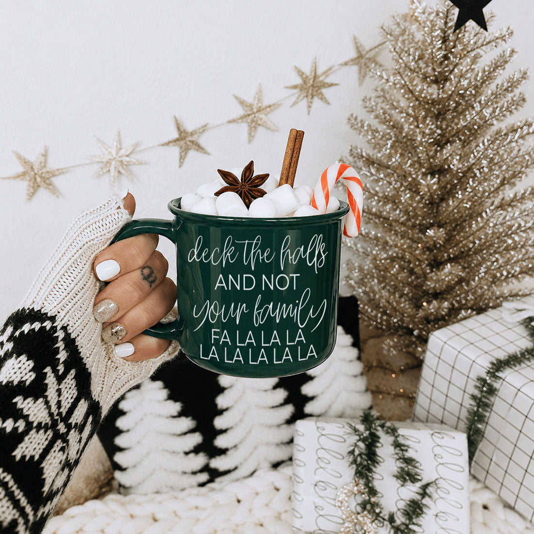 Deck The Halls coffee mug by Gia Roma, green ceramic with festive script on Tampa Home & Garden Store