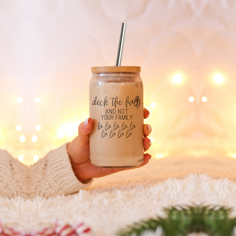Deck the Halls 17oz glass cup by Gia Roma with bamboo lid and metal straw tan iced drink on Tampa Home & Garden Store