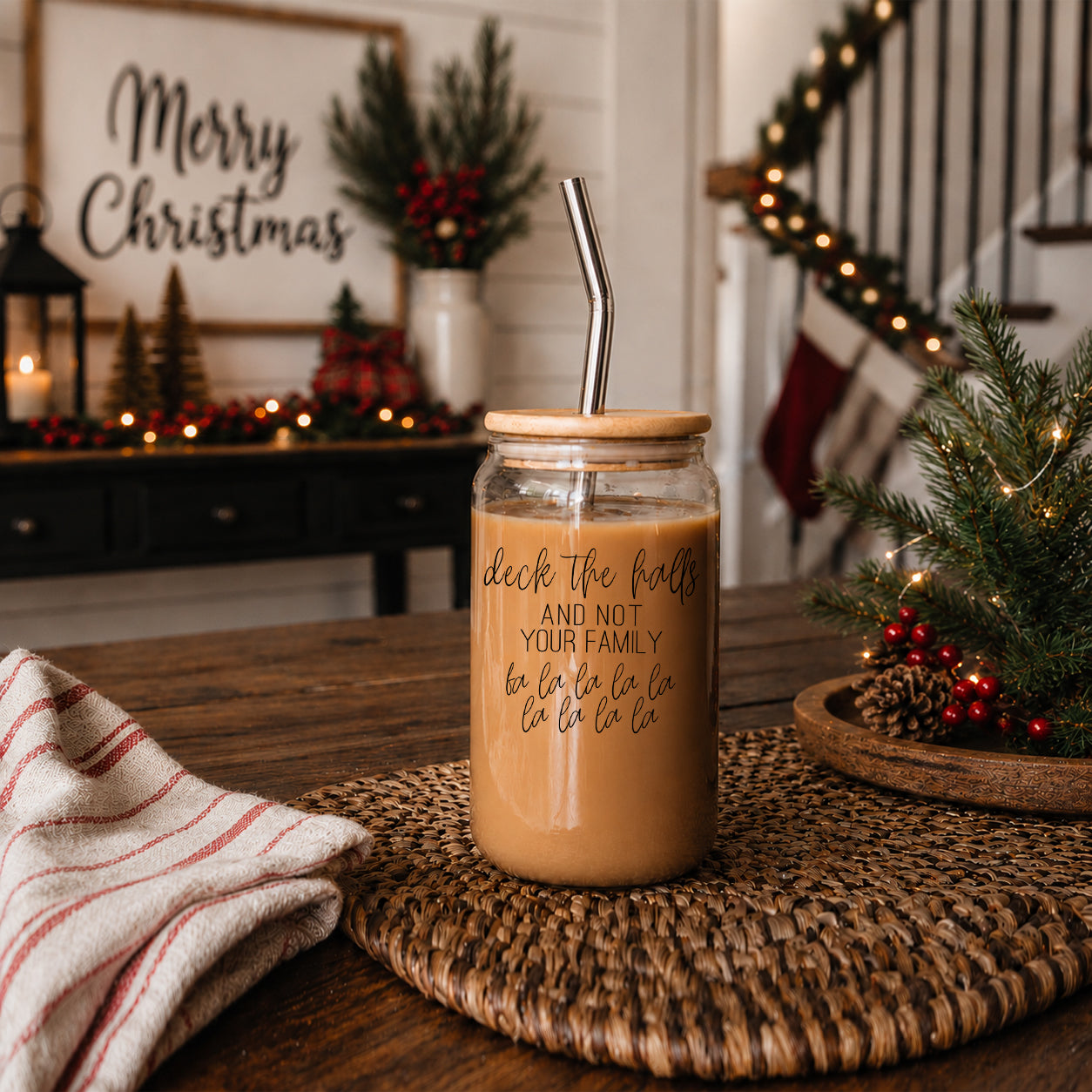 Deck the Halls 17oz Gia Roma glass cup with wood lid and metal straw on Tampa Home & Garden Store