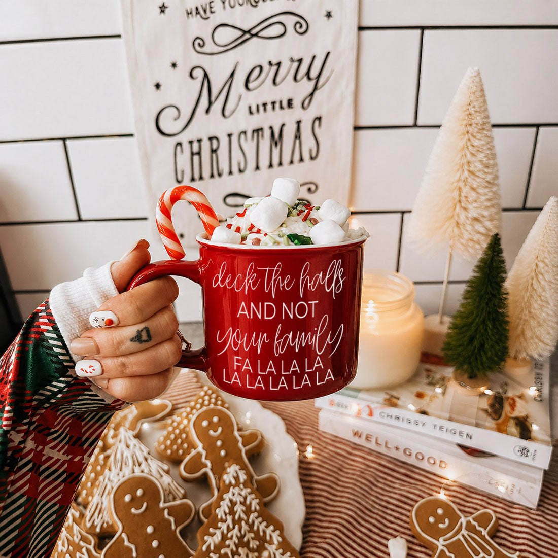 Deck The Halls coffee mug by Gia Roma in red with candy cane handle, marshmallows topping on Tampa Home & Garden Store
