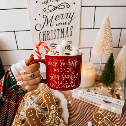 Deck The Halls coffee mug by Gia Roma in red with candy cane handle, marshmallows topping on Tampa Home & Garden Store