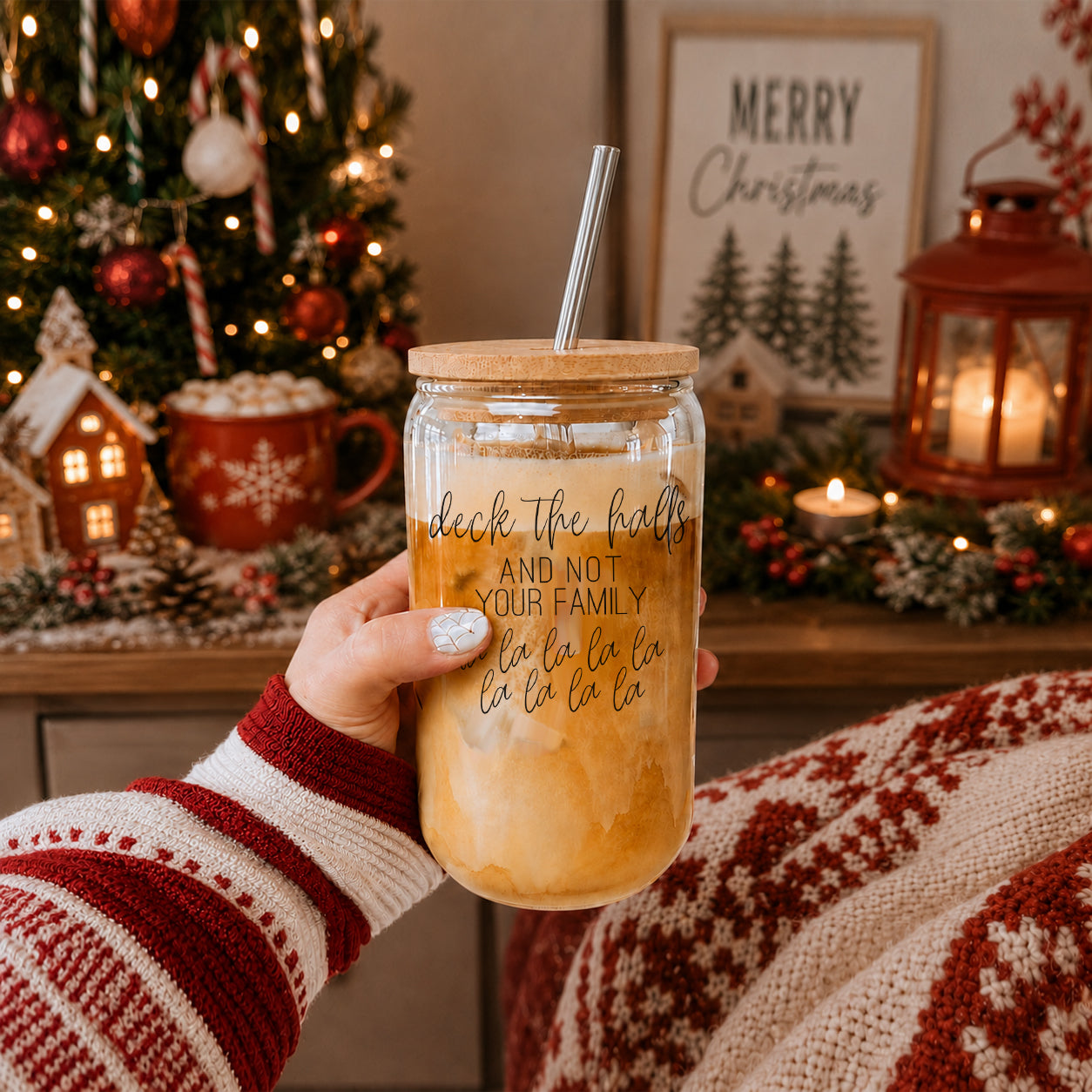 Deck the Halls 17oz glass cup Gia Roma with cork lid and metal straw, festive iced drink scene on Tampa Home & Garden Store