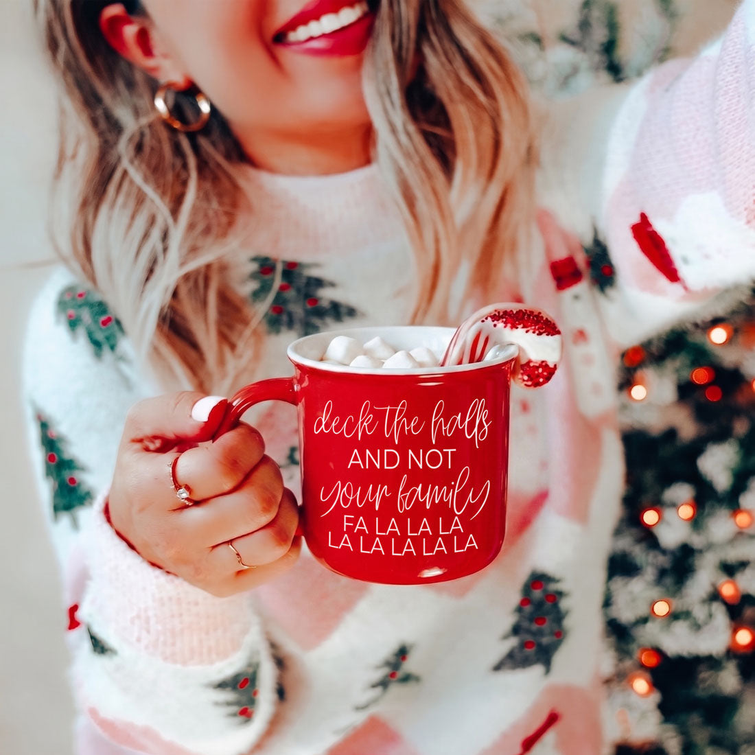 Coffee mug Gia Roma red with white script deck the halls; marshmallows and candy cane on Tampa Home & Garden Store