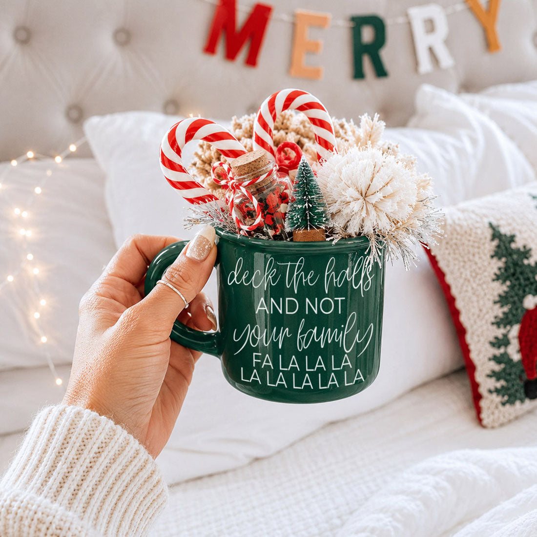 Gia Roma Deck the Halls mug green ceramic with candy canes and mini trees on Tampa Home & Garden Store