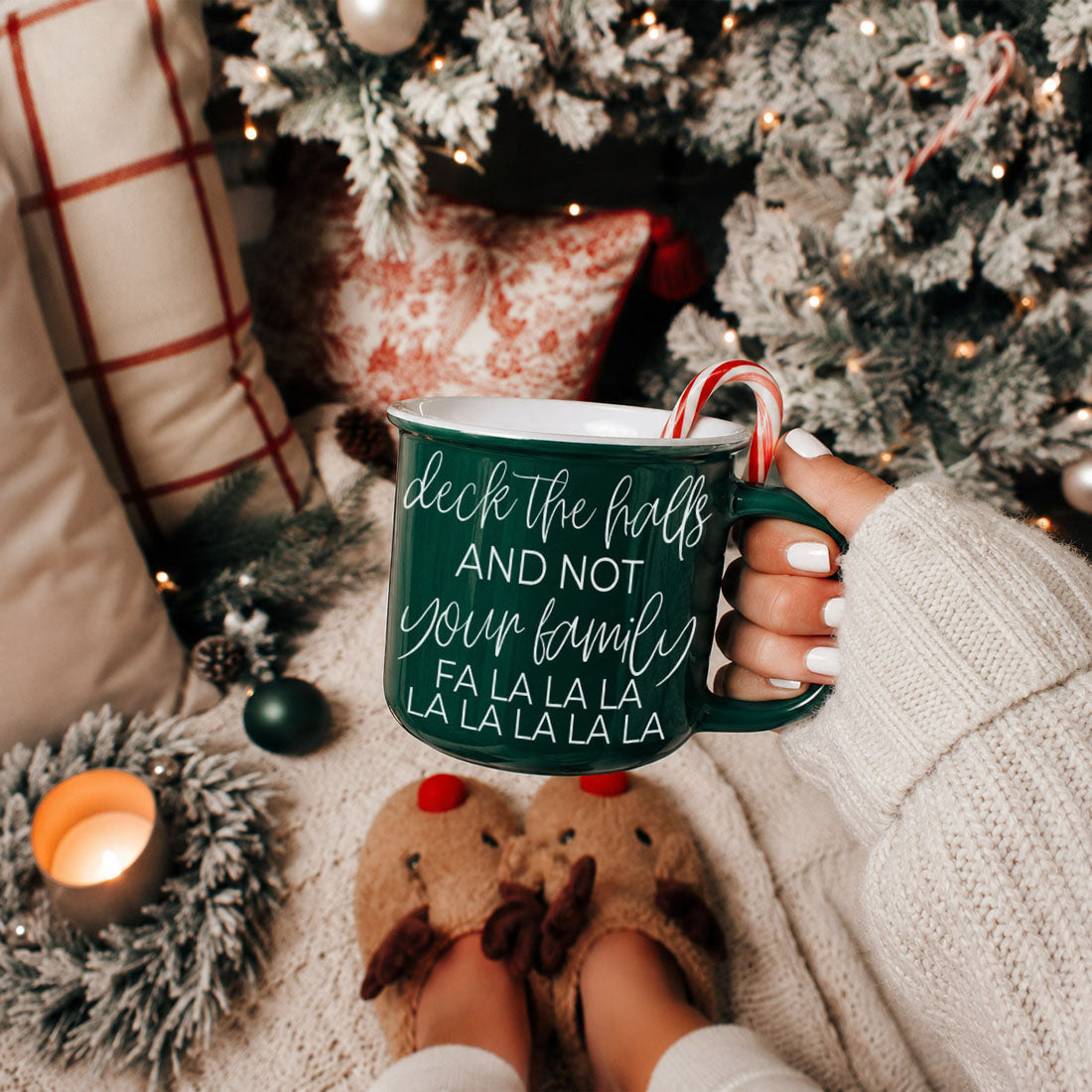 Coffee mug Gia Roma green with deck the halls text and candy cane in the handle PRE-ORDER on Tampa Home & Garden Store