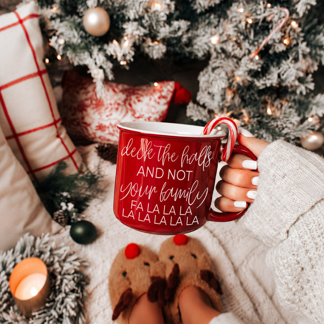 Coffee mug Gia Roma red with candy cane handle and festive white deck the halls script on Tampa Home & Garden Store