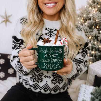 Deck The Halls mug by Gia Roma green ceramic with white script, marshmallows & candy cane on Tampa Home & Garden Store