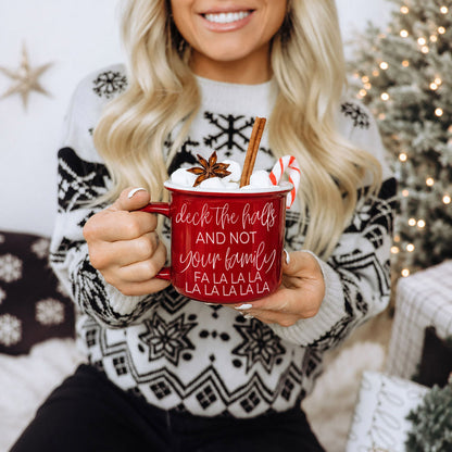 Deck the Halls coffee mug red Gia Roma with marshmallows, cinnamon, and candy cane on Tampa Home & Garden Store
