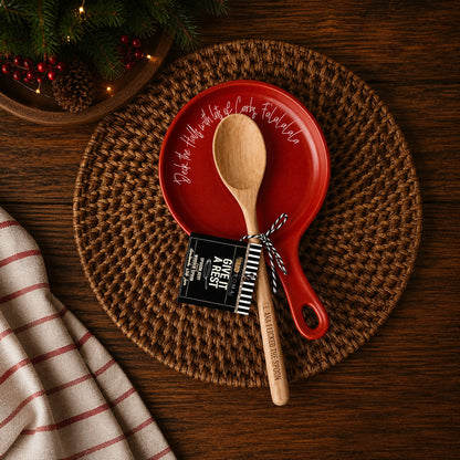 Spoon rest Deck the Halls & Carbs by Gia Roma, red ceramic with white script on woven placemat on Tampa Home & Garden Store