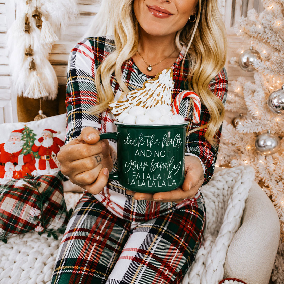 Deck The Halls mug Gia Roma, green ceramic mug with white script, marshmallows and candy cane on Tampa Home & Garden Store
