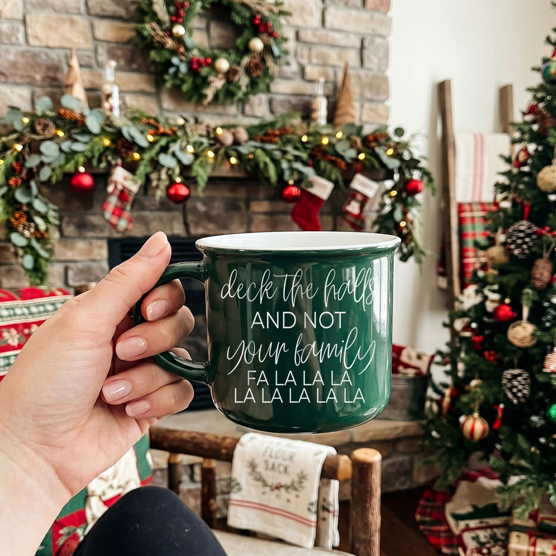 Gia Roma Deck the Halls mug, dark green ceramic with white script on Tampa Home & Garden Store