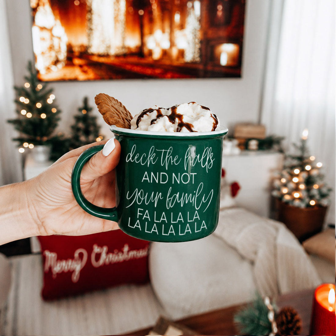 Deck The Halls mug by Gia Roma in green ceramic with whipped cream and chocolate drizzle on Tampa Home & Garden Store