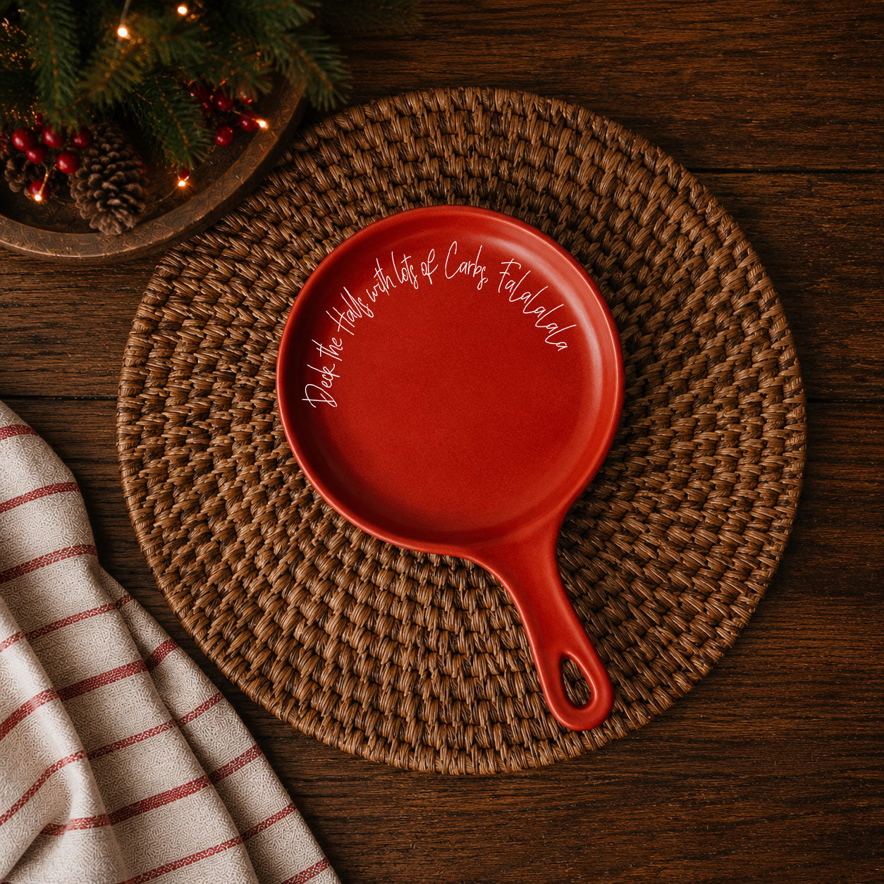 Deck the Halls & Carbs spoon rest red Gia Roma with festive script on Tampa Home & Garden Store