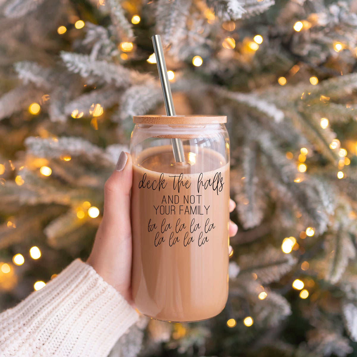 Gia Roma Deck the Halls 17oz glass cup with wood lid and metal straw, iced coffee on Tampa Home & Garden Store