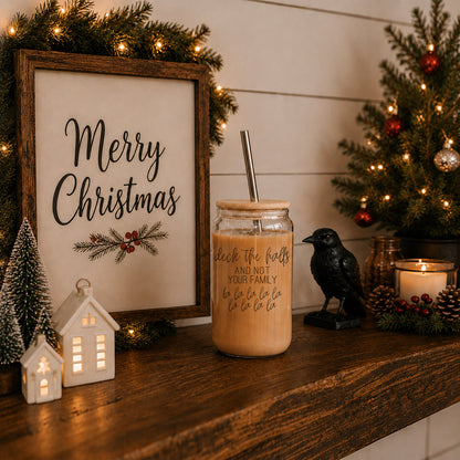 Deck the Halls 17oz glass cup with wooden lid and metal straw, festive script text on Tampa Home & Garden Store