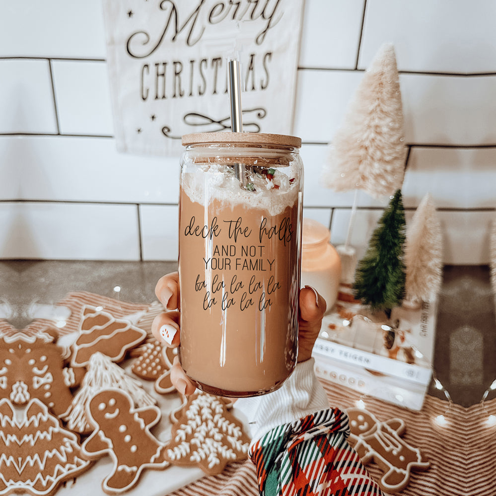 Deck the Halls 17oz glass cup Gia Roma with lid and straw on Tampa Home & Garden Store