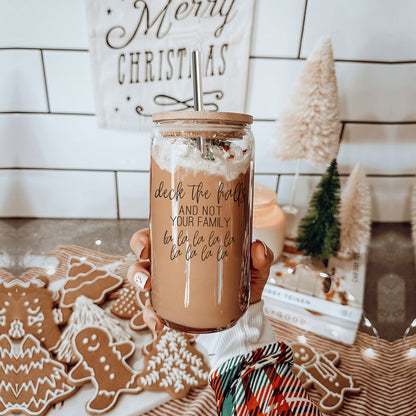 Deck the Halls 17oz glass cup Gia Roma with lid and straw on Tampa Home & Garden Store