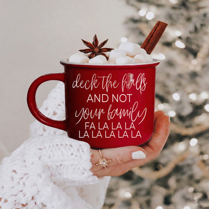 Deck The Halls Gia Roma mug, red ceramic with white script, marshmallows and cinnamon stick on Tampa Home & Garden Store