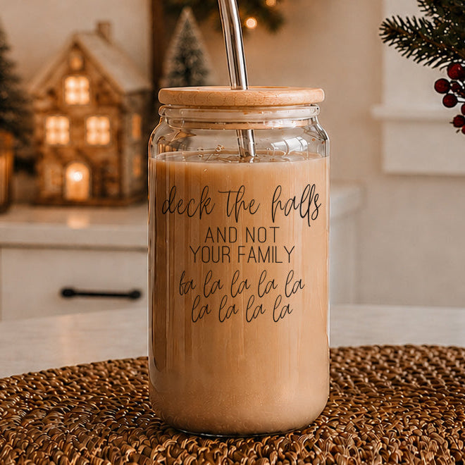 Deck the Halls 17oz glass drinkware jar Gia Roma with wood lid and metal straw latte inside on Tampa Home & Garden Store