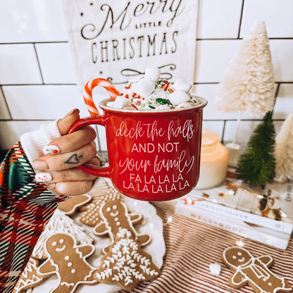 Gia Roma red ceramic coffee mug Deck the Halls marshmallows and candy cane on Tampa Home & Garden Store