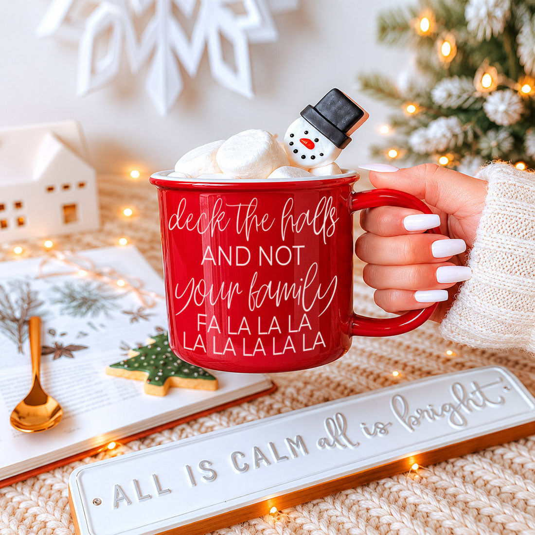 Coffee mug red Gia Roma Deck The Halls with marshmallows and snowman topper on Tampa Home & Garden Store