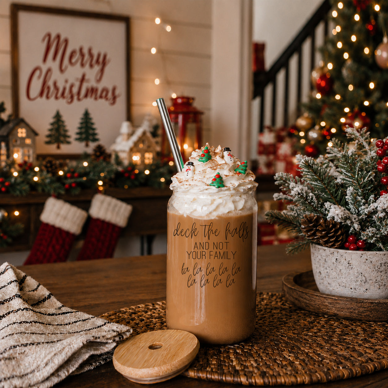 Deck the Halls 17oz glass cup by Gia Roma with whipped cream and festive sprinkles on Tampa Home & Garden Store