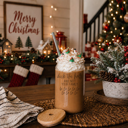 Deck the Halls 17oz glass cup by Gia Roma with whipped cream and festive sprinkles on Tampa Home & Garden Store