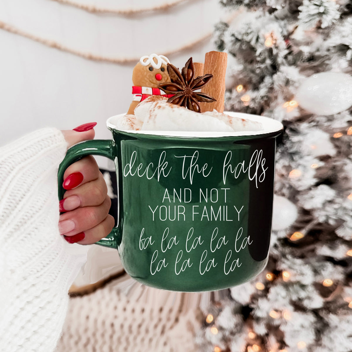 Deck The Halls mug by Gia Roma; green ceramic with white script, whipped cream topping on Tampa Home & Garden Store