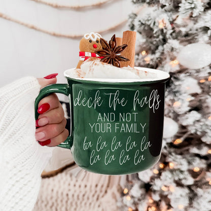 Deck The Halls mug by Gia Roma; green ceramic with white script, whipped cream topping on Tampa Home & Garden Store