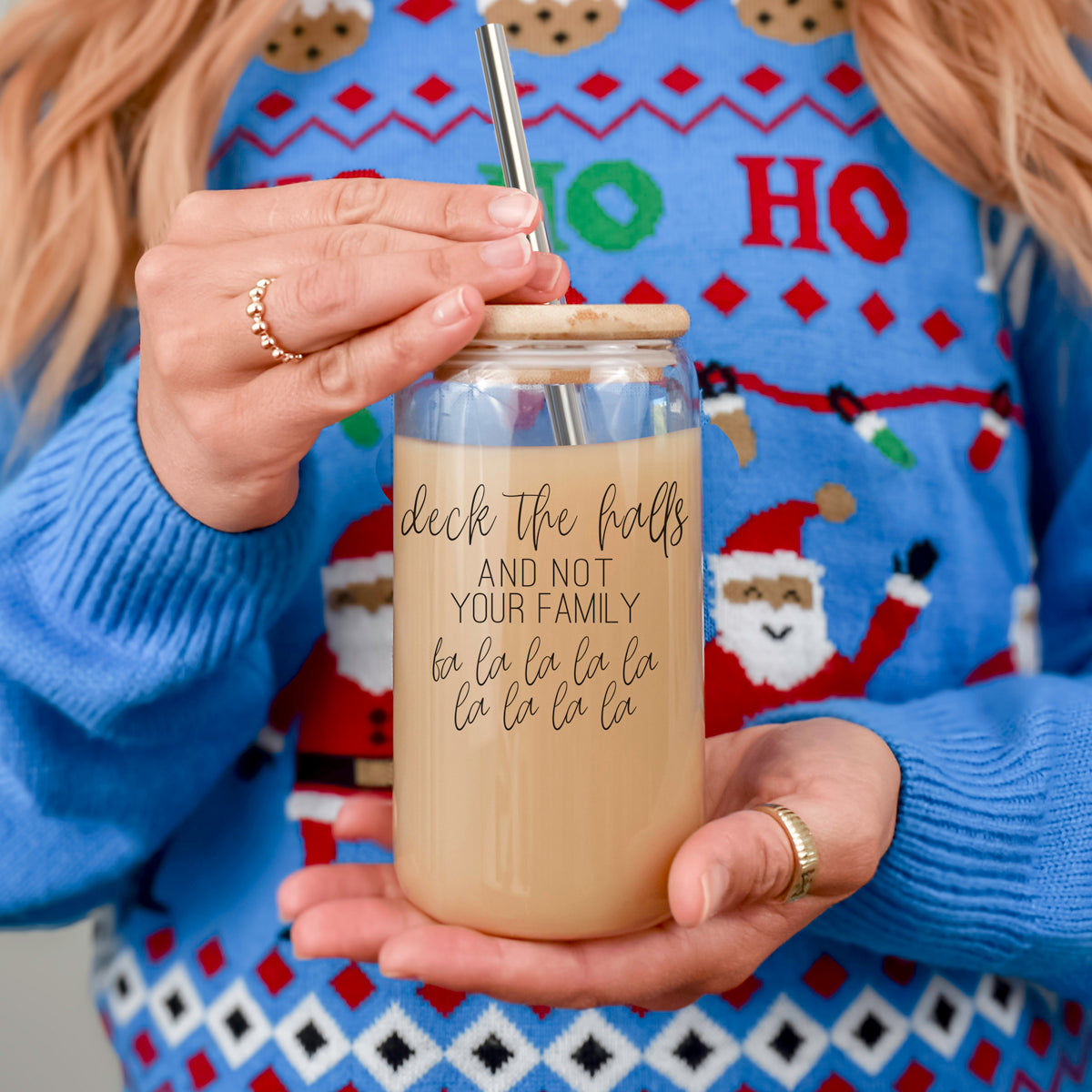 Deck the Halls 17oz glass cup by Gia Roma with bamboo lid and metal straw on Tampa Home & Garden Store