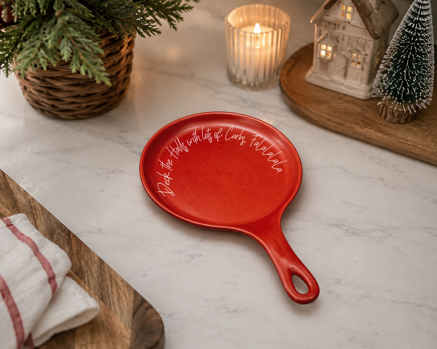 Deck the Halls & Carbs spoon rest by Gia Roma, red ceramic kitchen accessory on Tampa Home & Garden Store