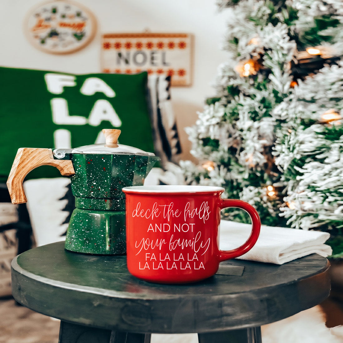 Deck The Halls mug by Gia Roma, red ceramic coffee mug with festive white script on Tampa Home & Garden Store