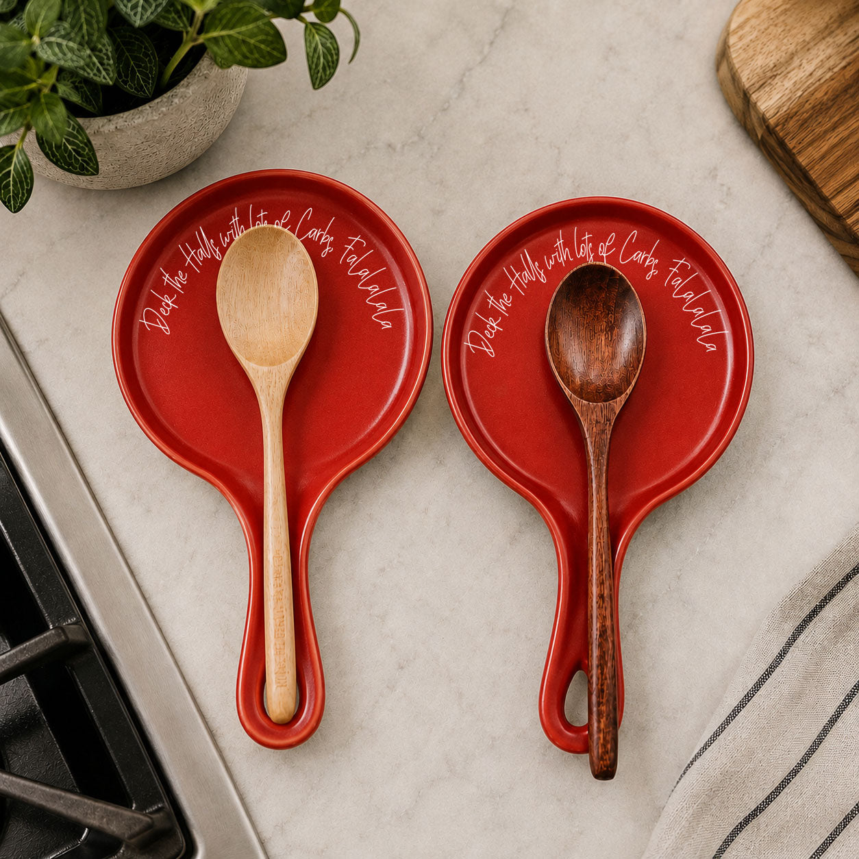 Spoon rests Gia Roma Deck the Halls & Carbs, red ceramic, two wooden spoons light and dark on Tampa Home & Garden Store