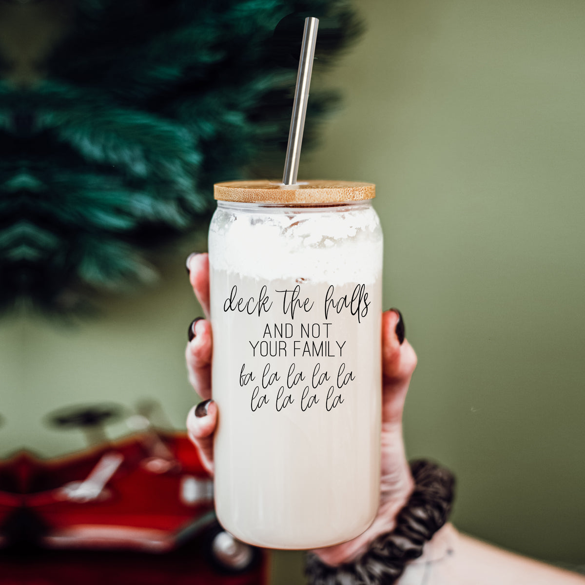 Deck the Halls 17oz glass cup with wooden lid and metal straw by Gia Roma on Tampa Home & Garden Store