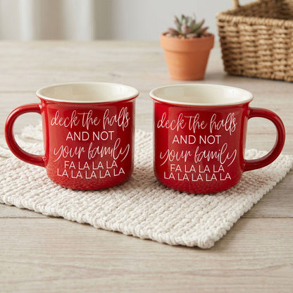 Deck The Halls Gia Roma red ceramic coffee mugs set of 2 with white script text on Tampa Home & Garden Store