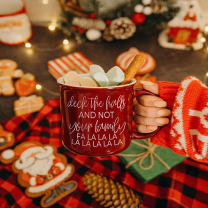 Gia Roma Deck The Halls mug, red ceramic with white script, marshmallows and cinnamon stick on Tampa Home & Garden Store