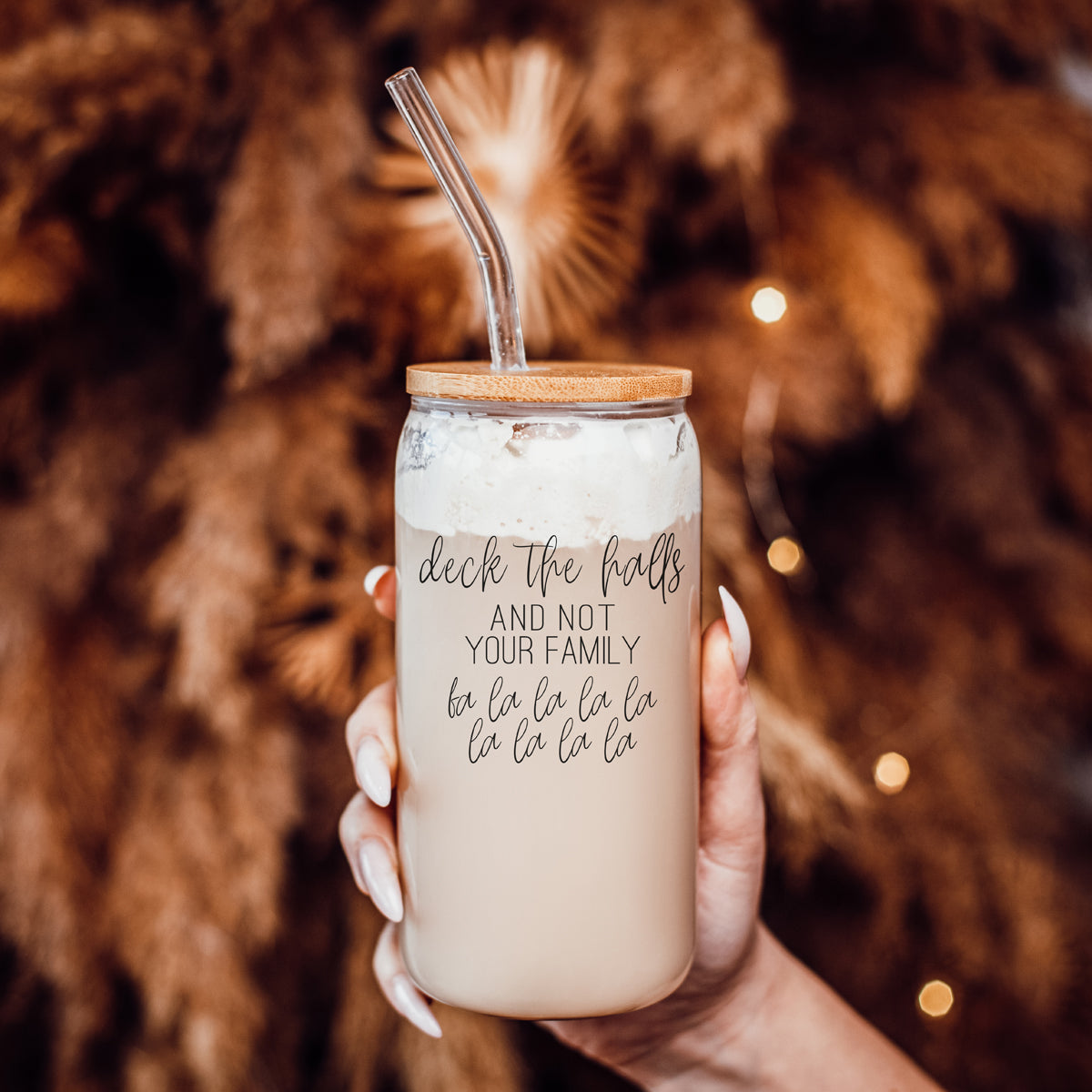 Deck the Halls 17oz glass tumbler by Gia Roma with wooden lid and straw on Tampa Home & Garden Store