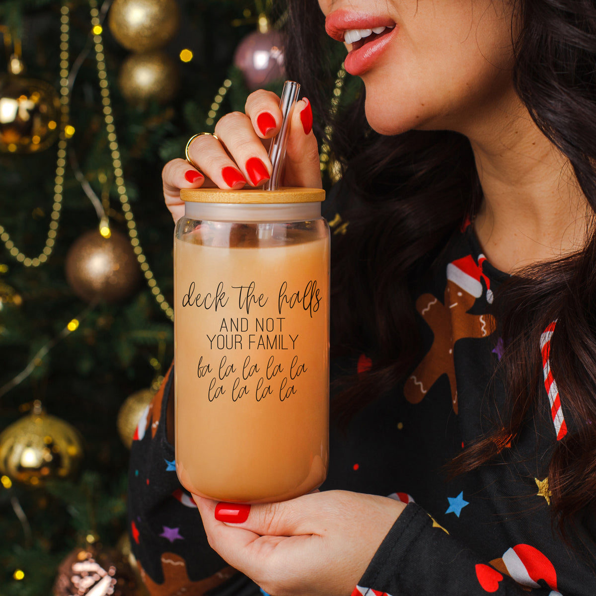 Deck the Halls 17oz Gia Roma glass cup with bamboo lid and straw on Tampa Home & Garden Store