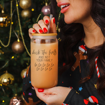 Deck the Halls 17oz Gia Roma glass cup with bamboo lid and straw on Tampa Home & Garden Store