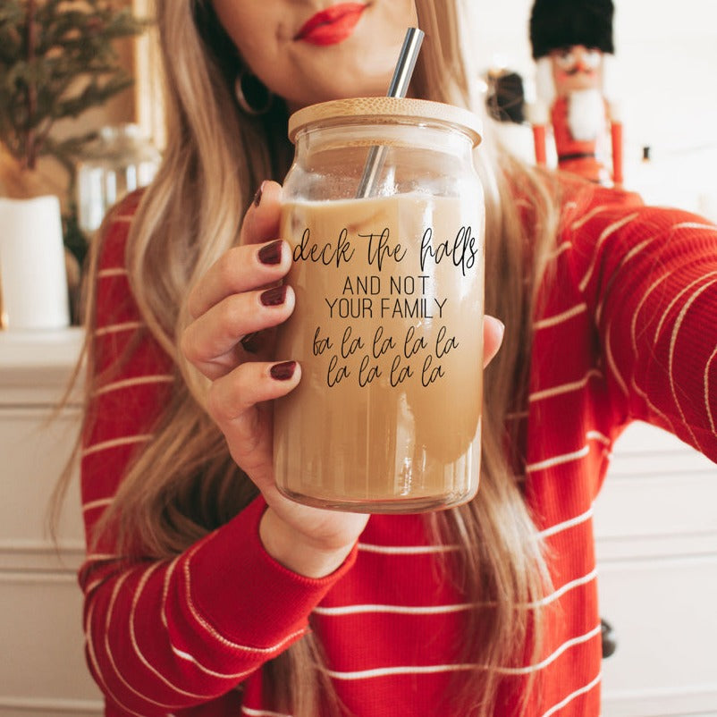 Deck the Halls 17oz glass cup by Gia Roma with wooden lid and metal straw on Tampa Home & Garden Store
