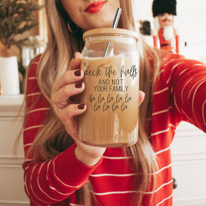 Deck the Halls 17oz glass cup by Gia Roma with wooden lid and metal straw on Tampa Home & Garden Store