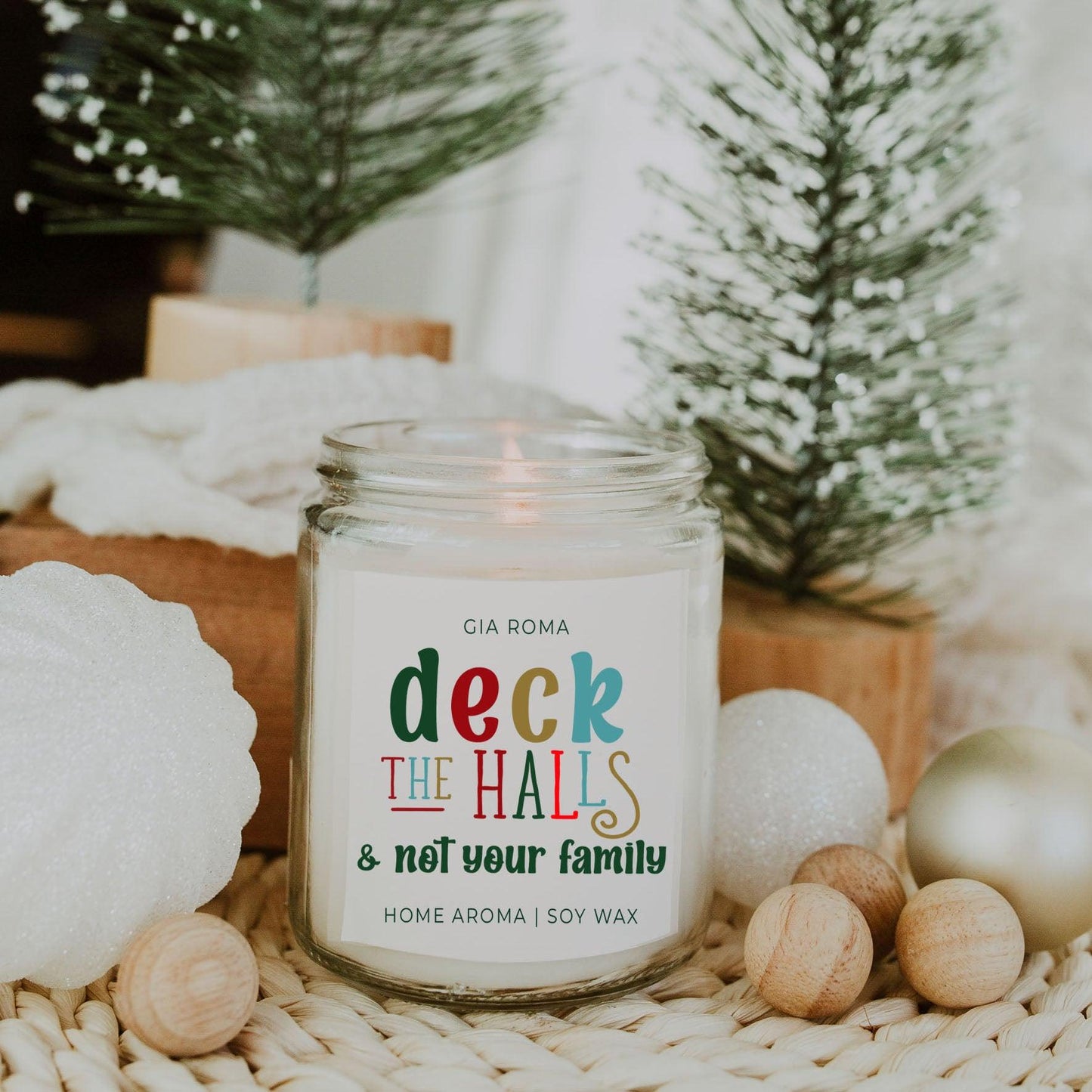 Deck The Halls Candle by Gia Roma in a clear glass jar with white soy wax on Tampa Home & Garden Store