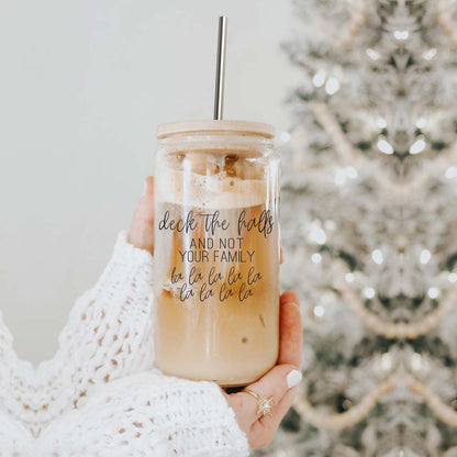 Deck the Halls 17oz glass cup by Gia Roma; clear glass drinkware with iced coffee and a metal straw on Tampa Home & Garden Store