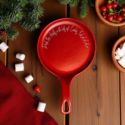 Gia Roma red ceramic spoon rest with festive script around edge, glossy finish on Tampa Home & Garden Store