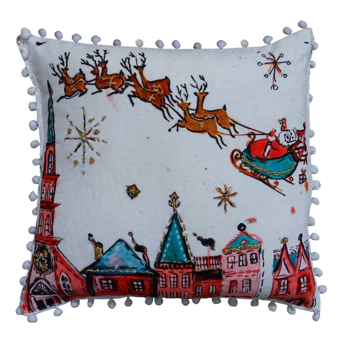 Vibhsa Santa decorative throw pillow 18x18 with festive sleigh scene and pom-pom trim on Tampa Home & Garden Store