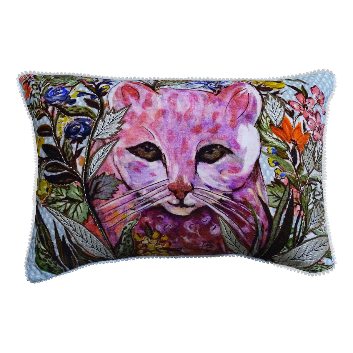 Hand Illustrated Decorative Cat Pillow 14x20 in vibrant floral watercolor design with scalloped trim on Tampa Home & Garden Store