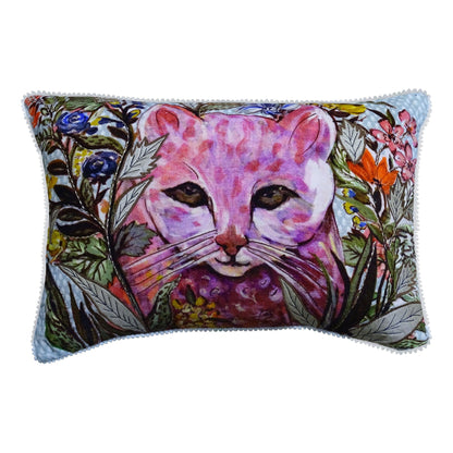 Hand Illustrated Decorative Cat Pillow 14x20 in vibrant floral watercolor design with scalloped trim on Tampa Home & Garden Store