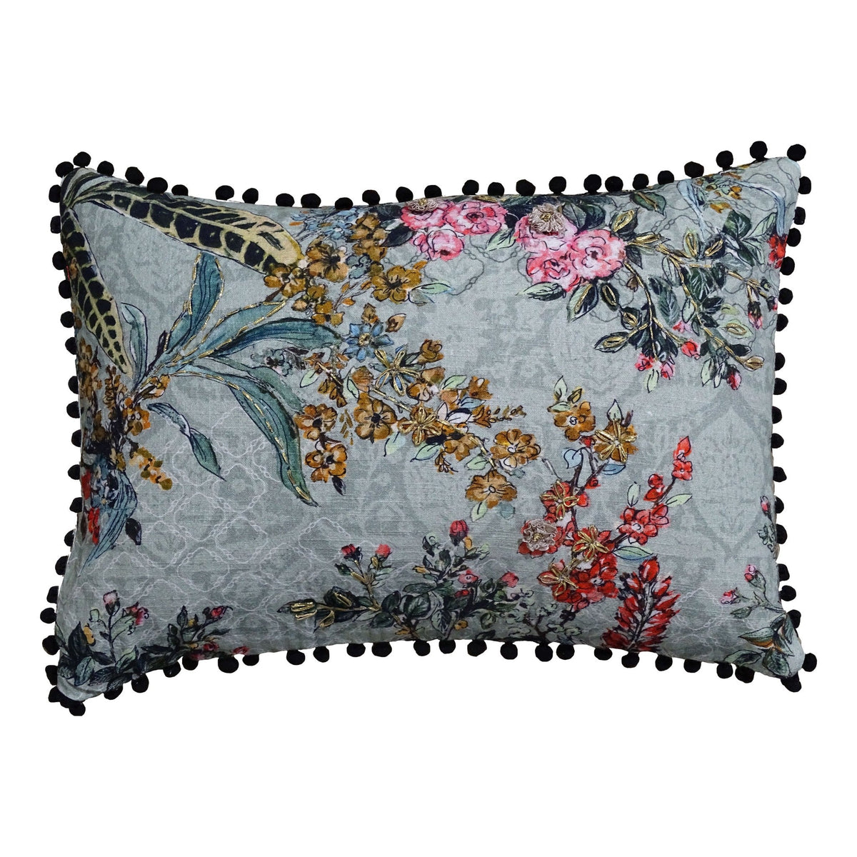 Vibhsa hand illustrated 14x20 pillow with blue-gray floral print and black pom-pom trim on Tampa Home & Garden Store